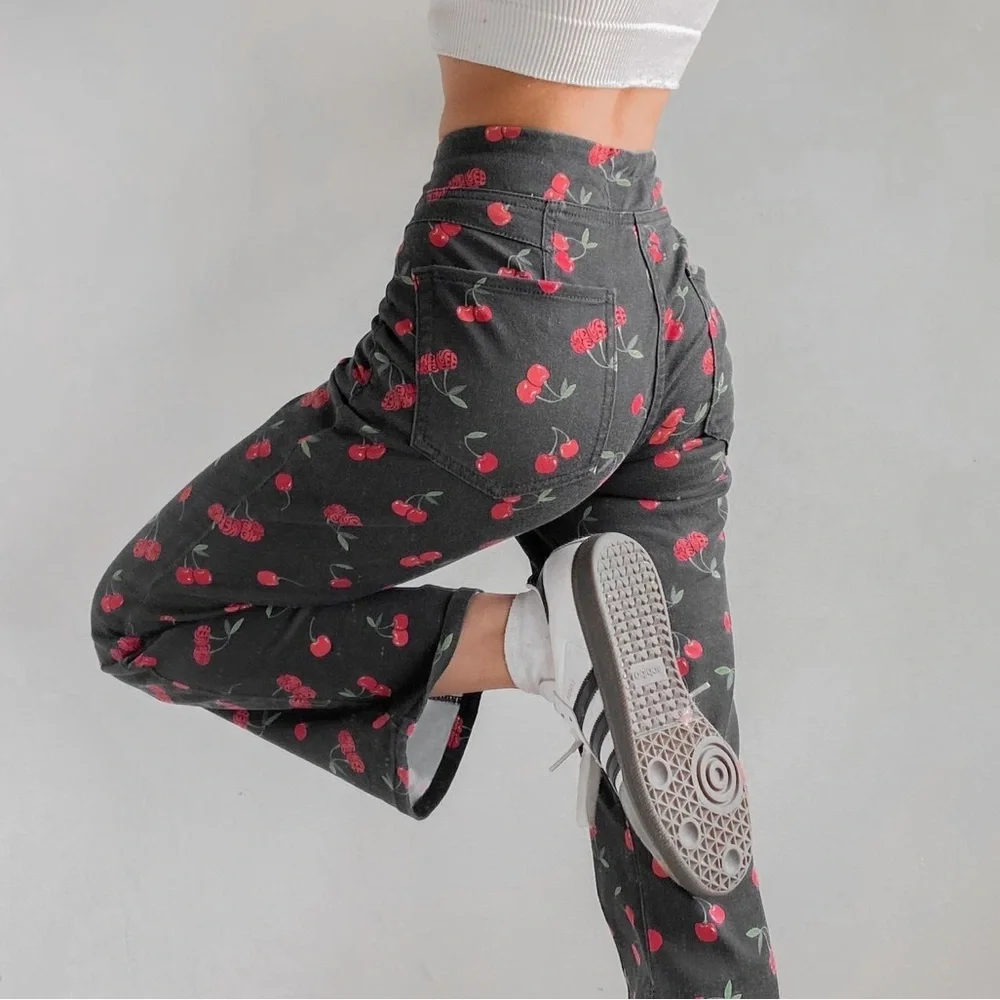 Free People / NWT Cherry Fruit Print Flare Crop Pants in Black